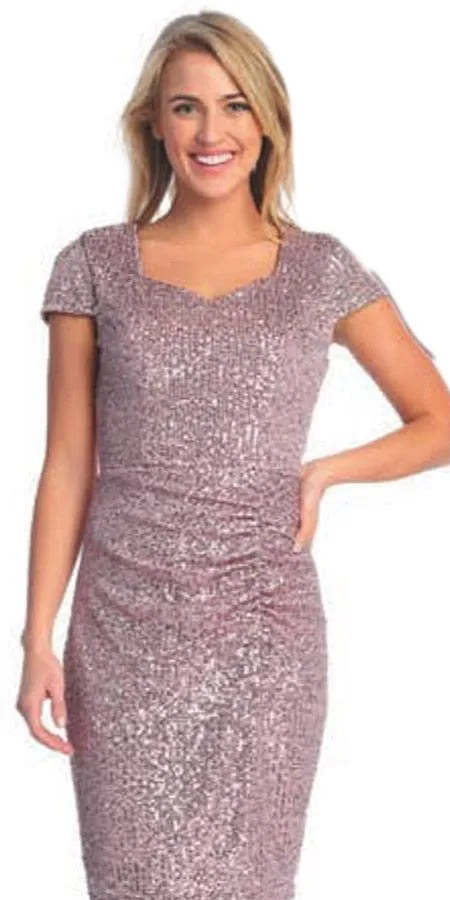 Celavie 6575-L Long Sheath Fitted Sequin Gown Short Sleeves