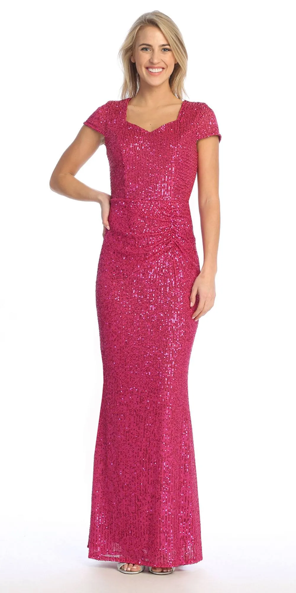 Celavie 6575-L Long Sheath Fitted Sequin Gown Short Sleeves