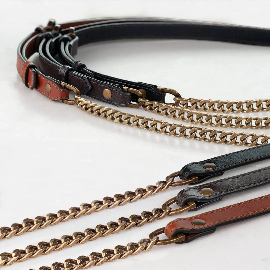 Chain and Leather - Italian Leather and Antique Brass Curb Chain Black Shoulder Strap