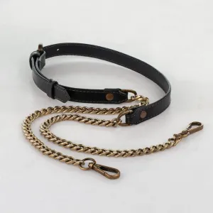 Chain and Leather - Italian Leather and Antique Brass Curb Chain Black Shoulder Strap