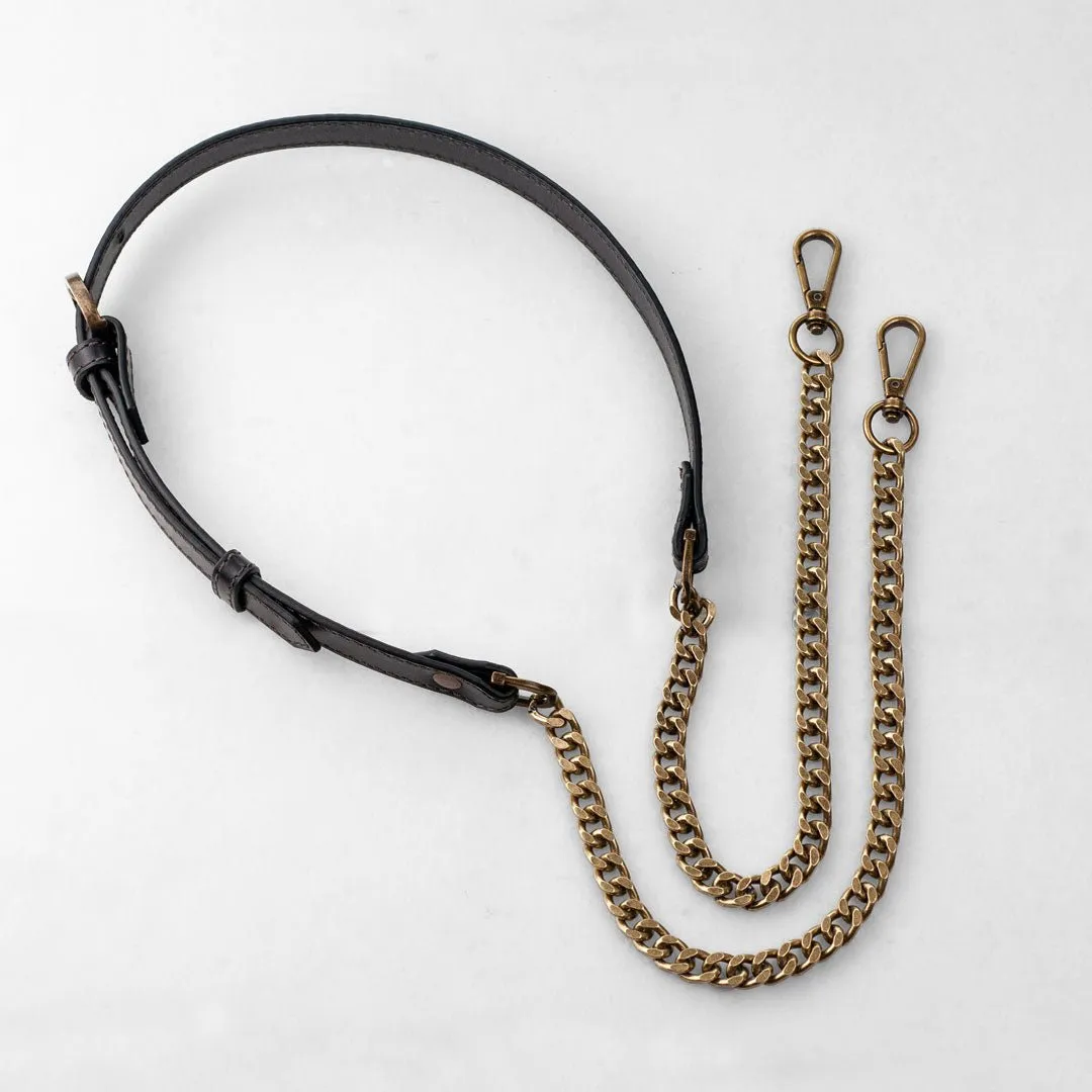 Chain and Leather - Italian Leather and Antique Brass Curb Chain Black Shoulder Strap