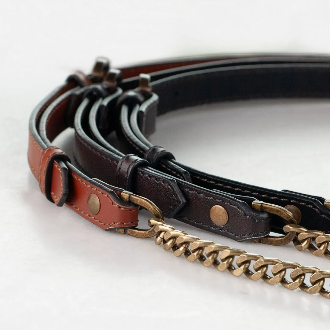 Chain and Leather - Italian Leather and Antique Brass Curb Chain Black Shoulder Strap