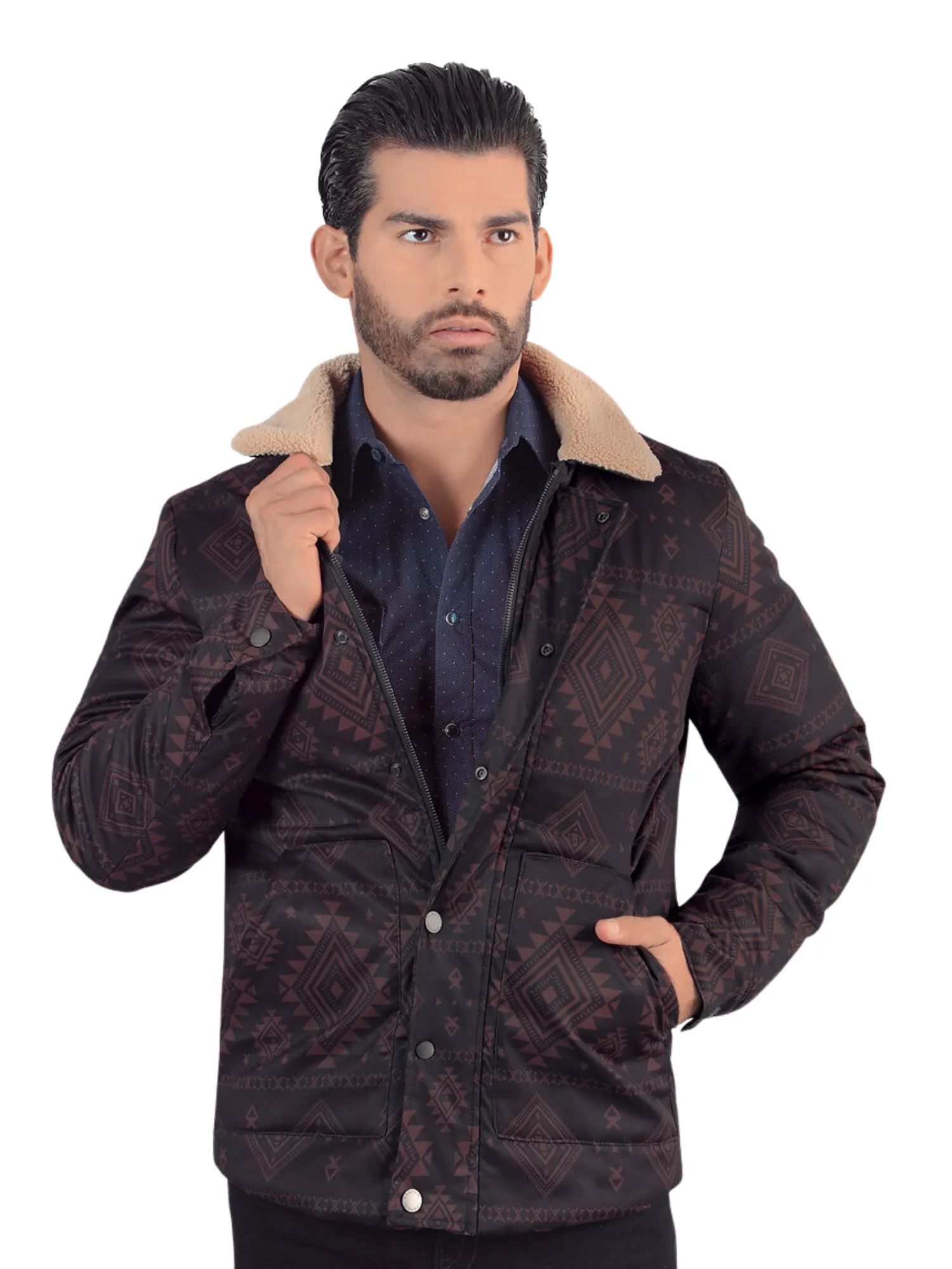 Chamarra Casual Termica de Forro Afelpado (Tipo Borrego) Estampada Aztec para Hombre 'Lamasini' - ID: 604