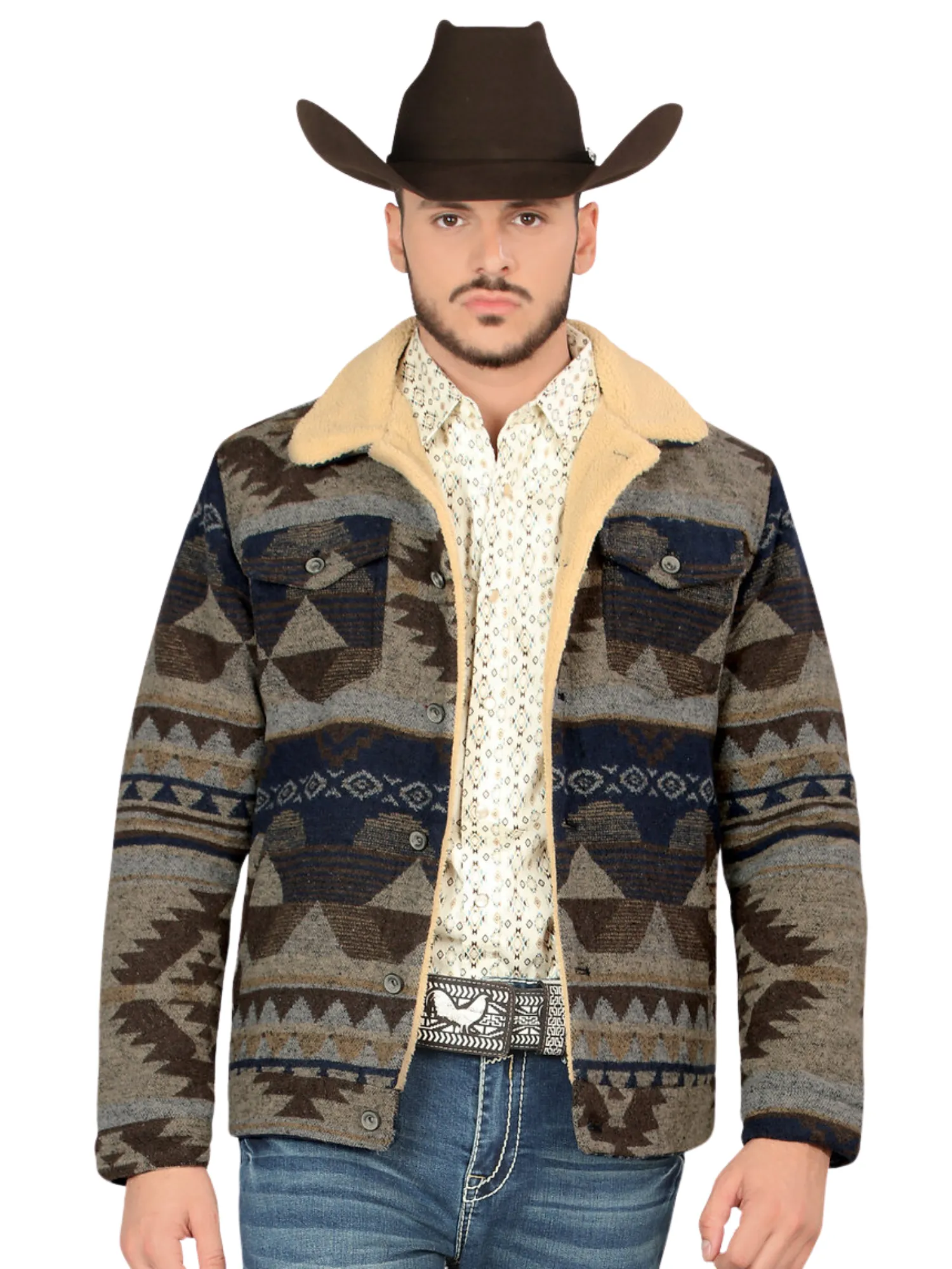 Chamarra Casual Termica de Forro Afelpado (Tipo Borrego) Estampada Aztec para Hombre 'Montero' - ID: 0898