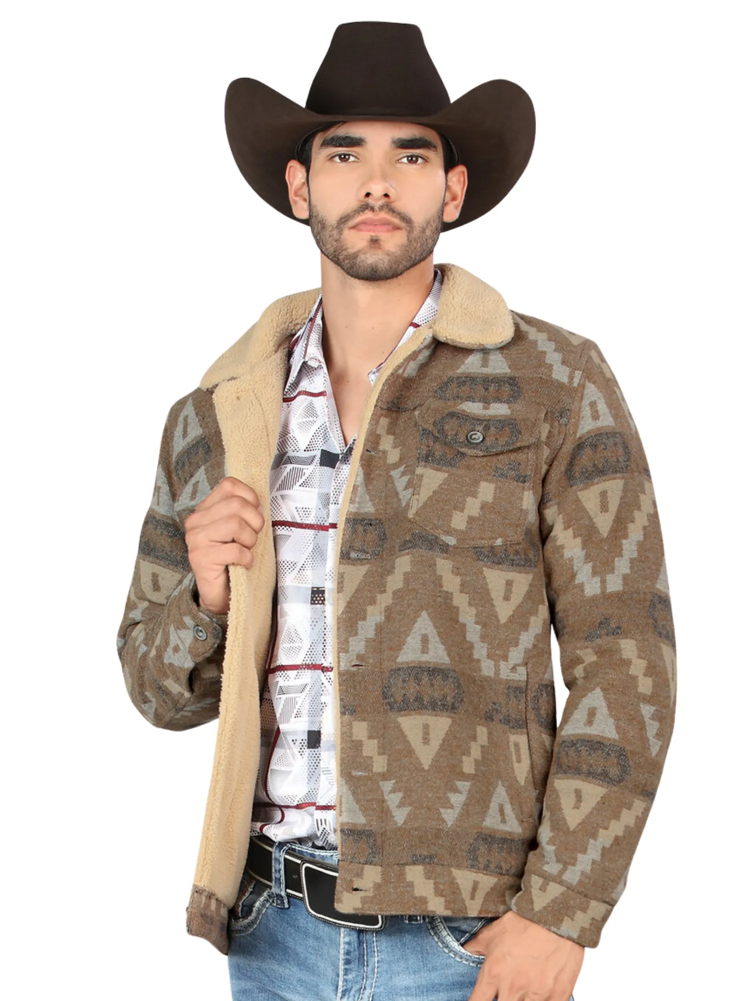 Chamarra Casual Termica de Forro Afelpado (Tipo Borrego) Estampada Aztec para Hombre 'Montero' - ID: 0898