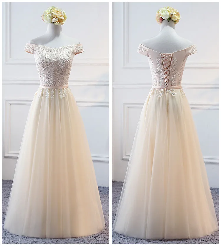 Champagne Lace Applique Off Shoulder Tulle Party Dress Homecoming Dress, Tulle Short Prom Dress