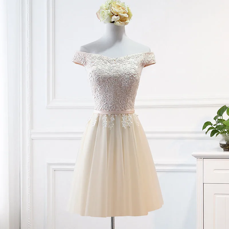 Champagne Lace Applique Off Shoulder Tulle Party Dress Homecoming Dress, Tulle Short Prom Dress