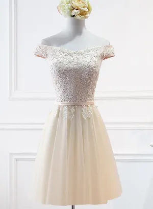 Champagne Lace Applique Off Shoulder Tulle Party Dress Homecoming Dress, Tulle Short Prom Dress