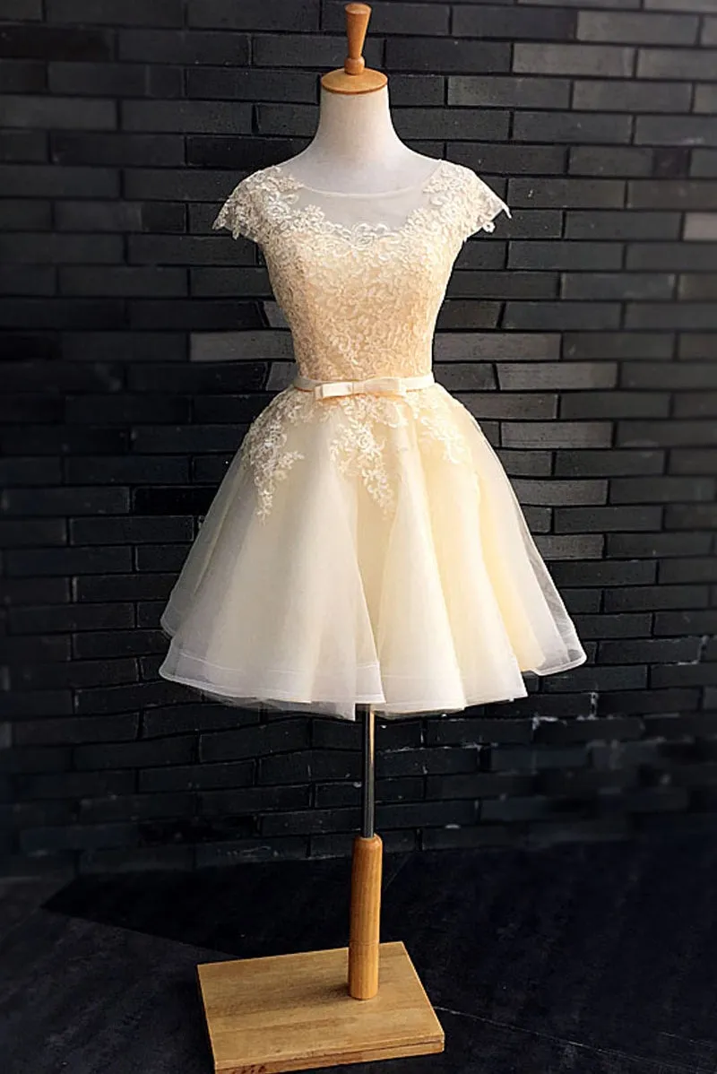 Champagne Lace Cute Knee Length Formal Dress, Graduation Party Dress, Prom Dress