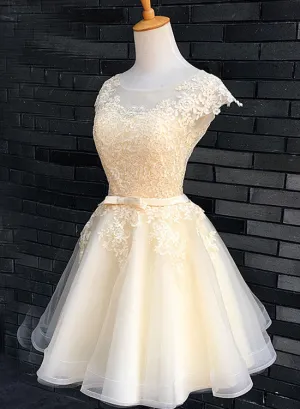 Champagne Lace Cute Knee Length Formal Dress, Graduation Party Dress, Prom Dress