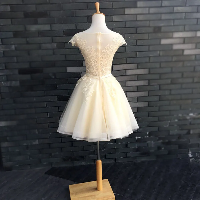 Champagne Lace Cute Knee Length Formal Dress, Graduation Party Dress, Prom Dress