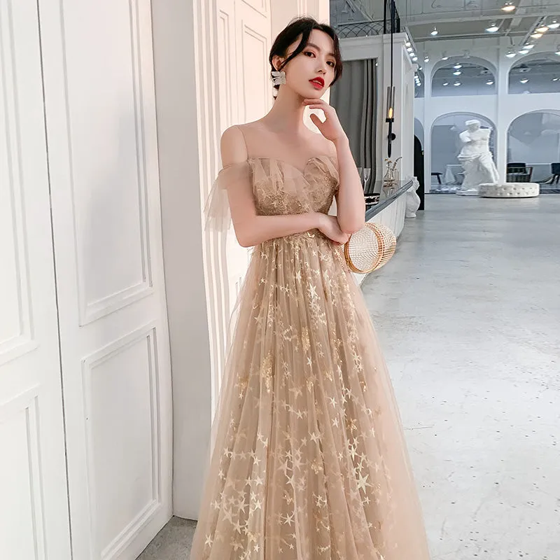 Champagne Tulle Long Party Dress Formal Dress, A-line Off Shoulder Prom Dress
