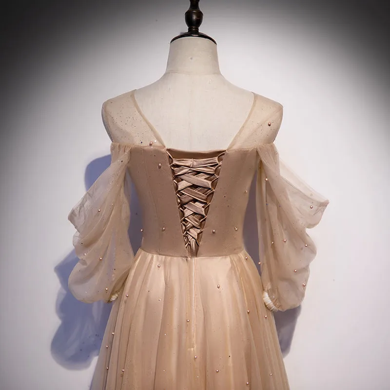 Champagne Tulle Long Puffy Sleeves Party Dresses, Beautiful Floor Length Prom Dresses