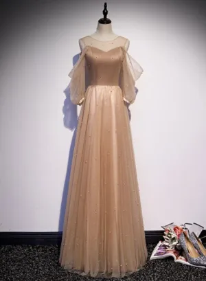 Champagne Tulle Long Puffy Sleeves Party Dresses, Beautiful Floor Length Prom Dresses