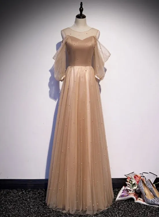 Champagne Tulle Long Puffy Sleeves Party Dresses, Beautiful Floor Length Prom Dresses