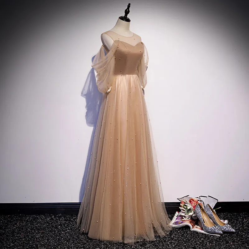 Champagne Tulle Long Puffy Sleeves Party Dresses, Beautiful Floor Length Prom Dresses