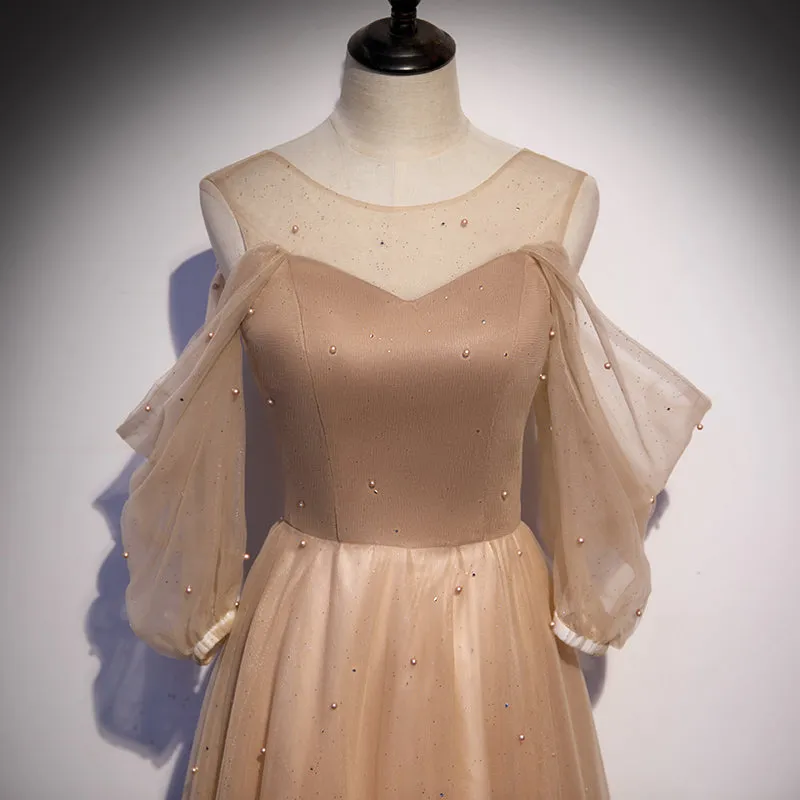Champagne Tulle Long Puffy Sleeves Party Dresses, Beautiful Floor Length Prom Dresses