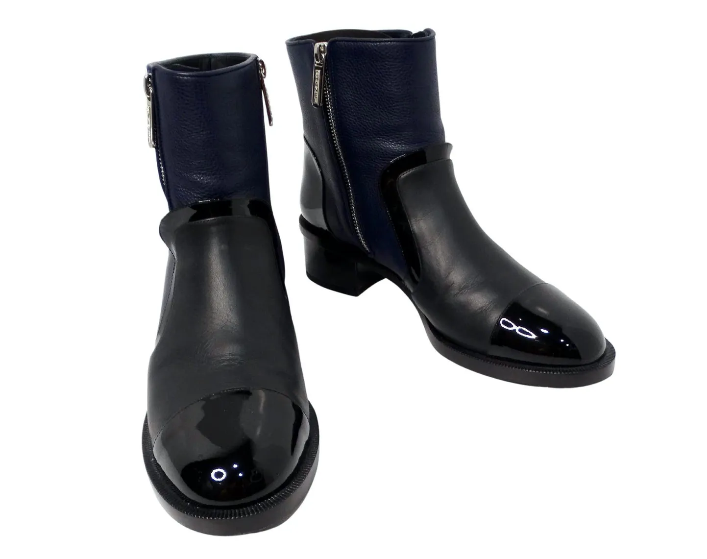 Chanel Navy Blue & Black Leather Interlocking CC Logo Ankle Boots