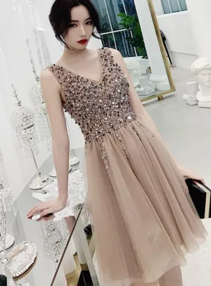Charming Beaded Short V-neckline Tulle Party Dress, Sequins Homecoming Dress