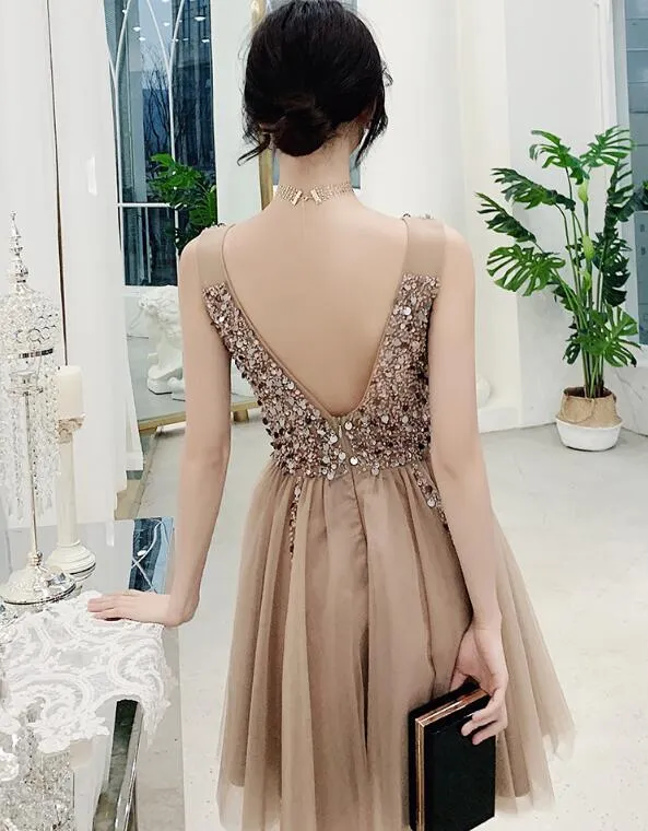 Charming Beaded Short V-neckline Tulle Party Dress, Sequins Homecoming Dress