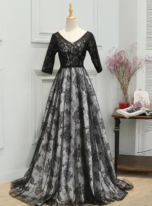 Charming Black Short Sleeves Lace Party Dress, Bridesmaid Dress