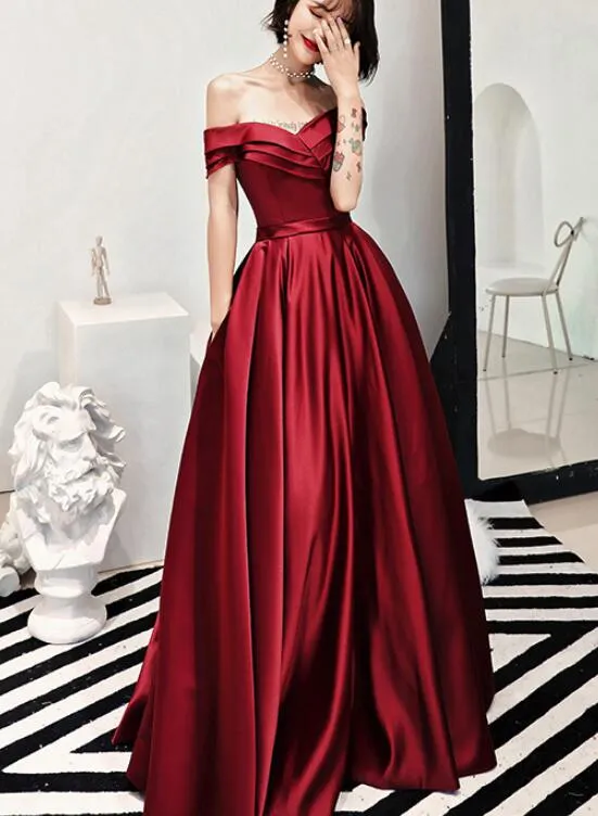 Charming Dark Red Satin Floor Length Off Shoulder Party Gown, Prom Dress