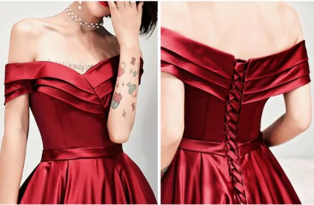 Charming Dark Red Satin Floor Length Off Shoulder Party Gown, Prom Dress
