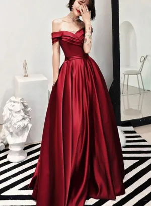 Charming Dark Red Satin Floor Length Off Shoulder Party Gown, Prom Dress