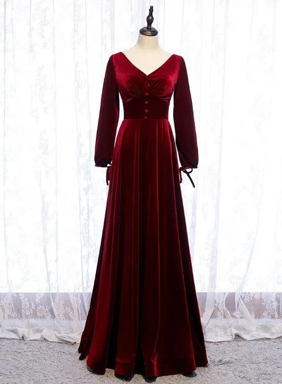 Charming Dark Red Velvet Long Sleeves A-line Party Dress, Bridesmaid Dress