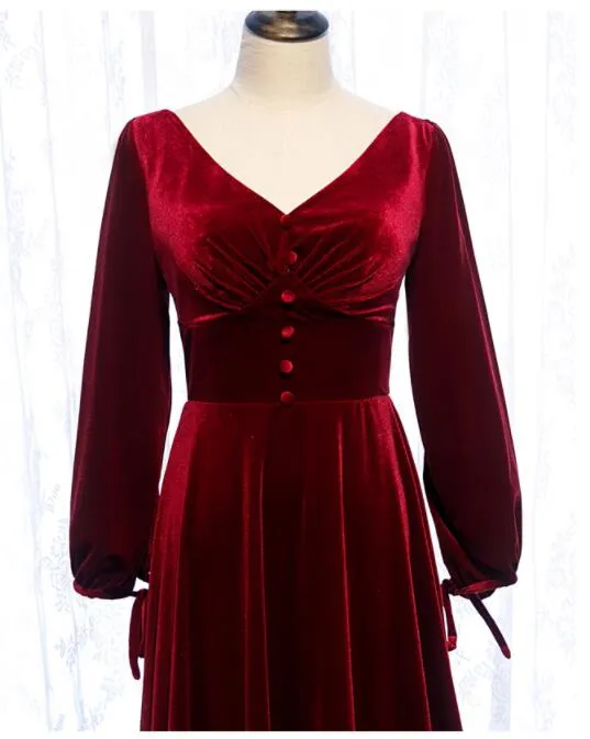 Charming Dark Red Velvet Long Sleeves A-line Party Dress, Bridesmaid Dress