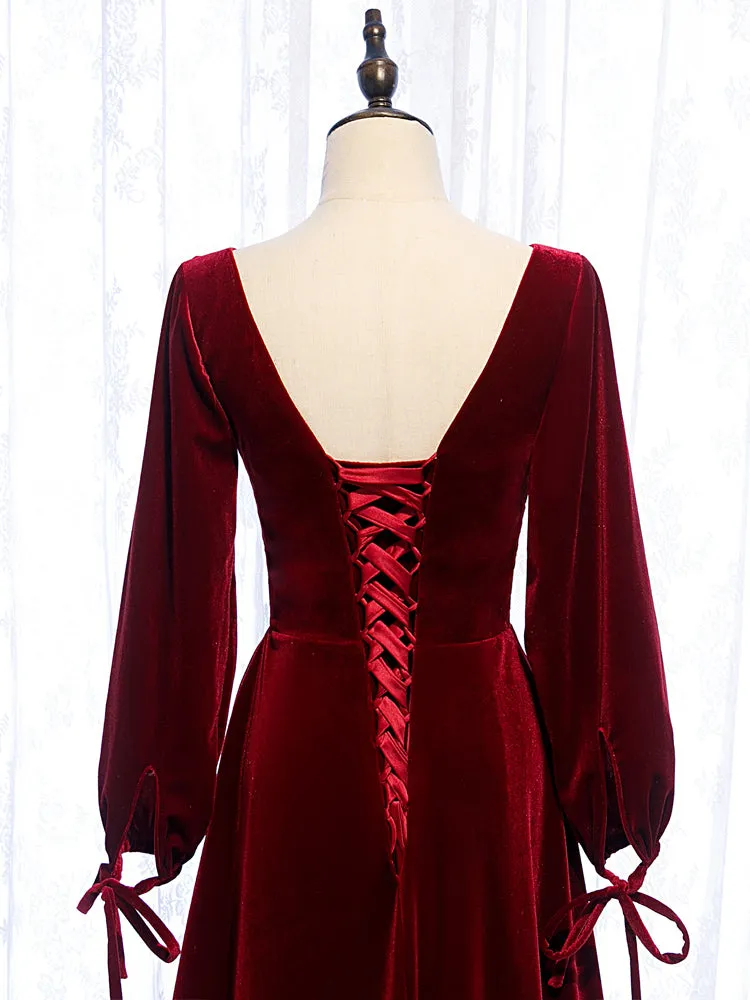 Charming Dark Red Velvet Long Sleeves A-line Party Dress, Bridesmaid Dress