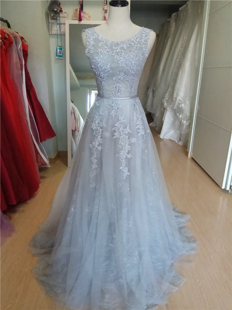 Charming Grey Tulle Round Neckline Prom Gown , Grey Formal Dress Long