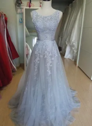 Charming Grey Tulle Round Neckline Prom Gown , Grey Formal Dress Long