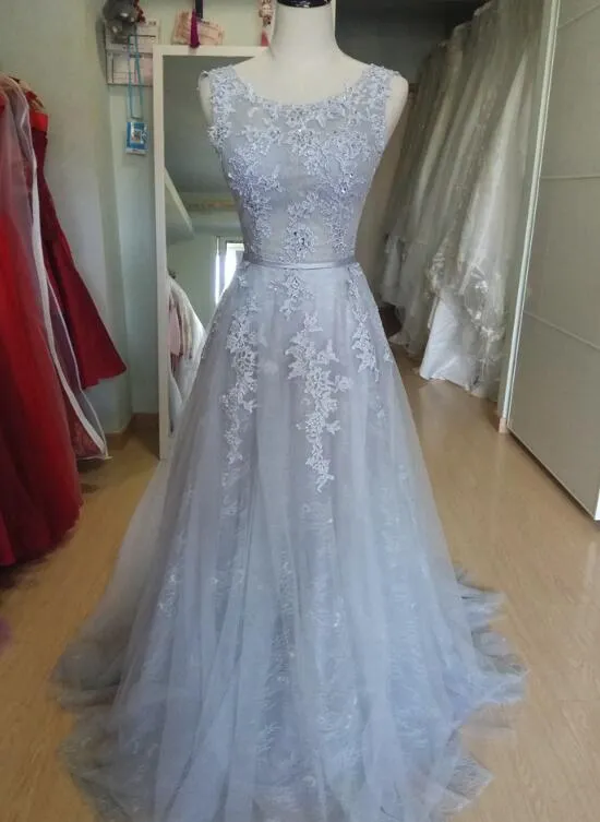 Charming Grey Tulle Round Neckline Prom Gown , Grey Formal Dress Long