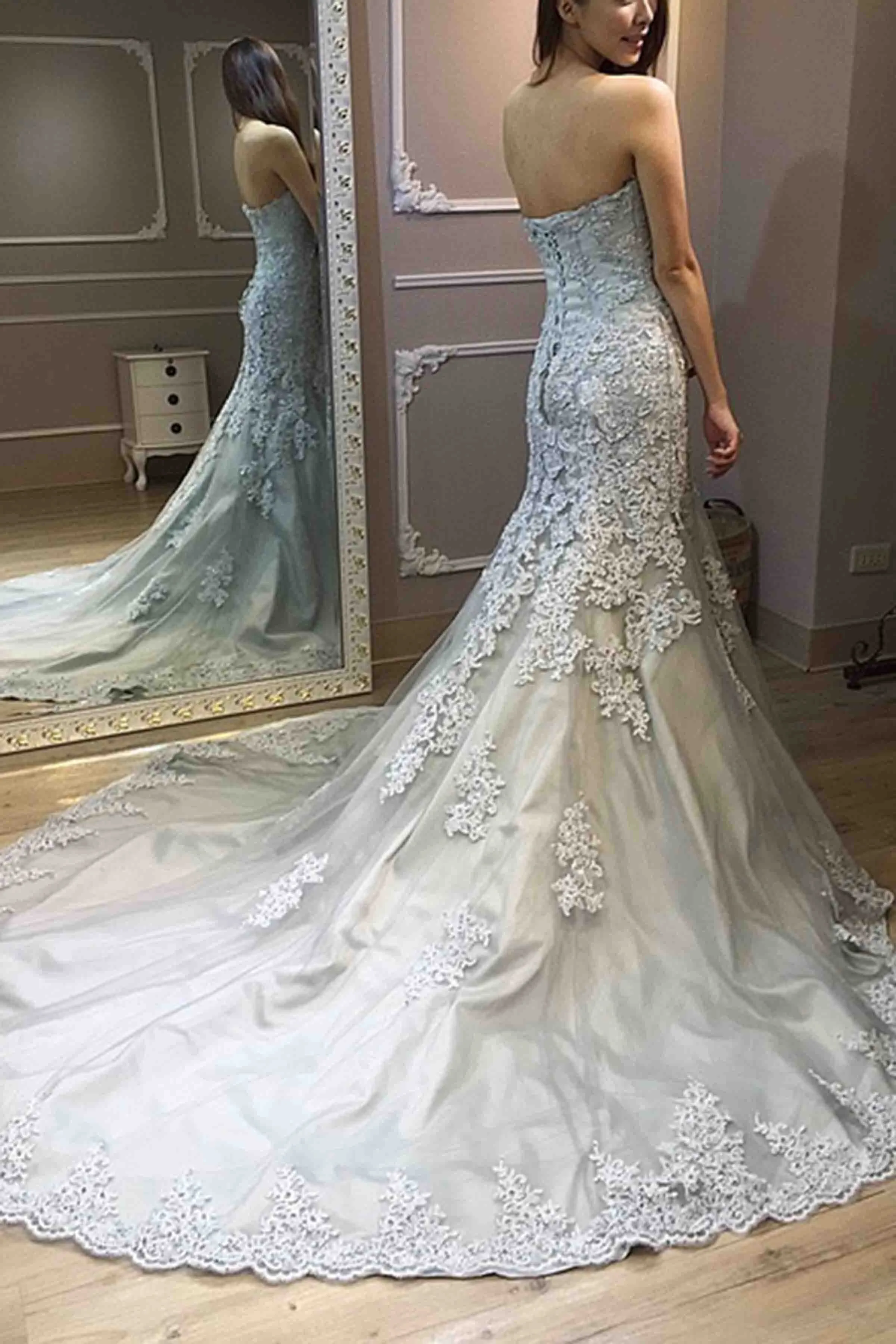 Charming Light Grey  Mermaid Tulle Lace Satin Sweetheart Prom Dresses, Grey Eveming Dress