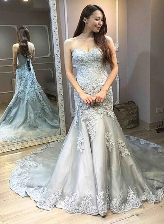 Charming Light Grey  Mermaid Tulle Lace Satin Sweetheart Prom Dresses, Grey Eveming Dress