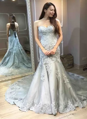 Charming Light Grey  Mermaid Tulle Lace Satin Sweetheart Prom Dresses, Grey Eveming Dress