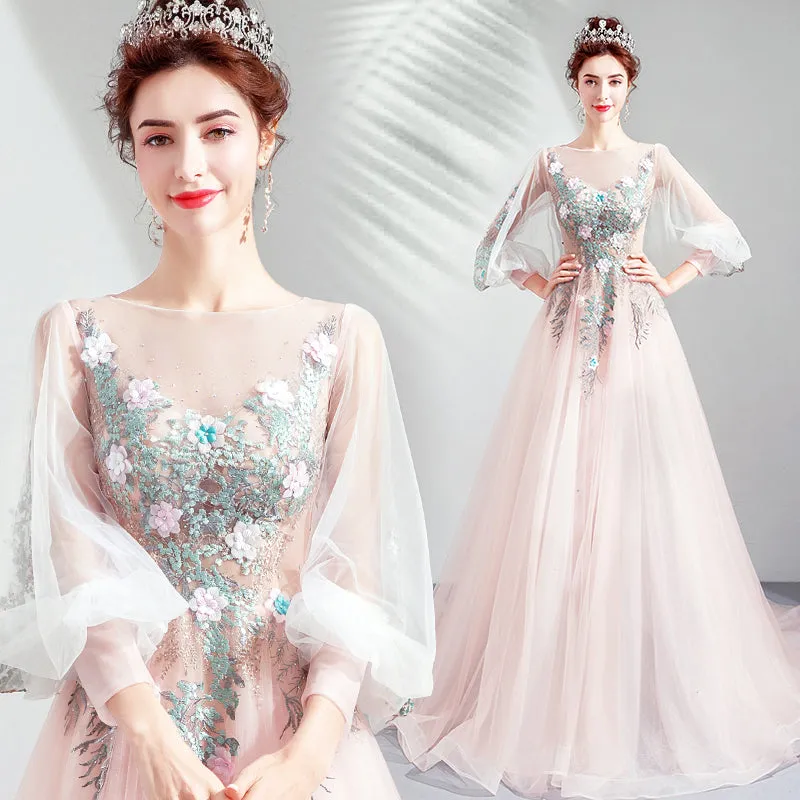 Charming Light Pink Tulle Puffy Sleeves Floor Length Party Dress, Pink A-line Pricess Gowns Prom Dress