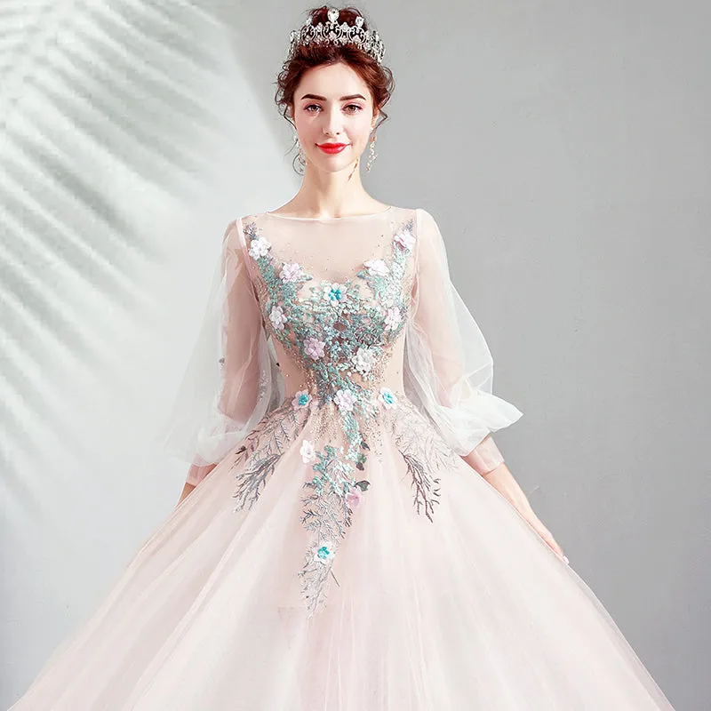 Charming Light Pink Tulle Puffy Sleeves Floor Length Party Dress, Pink A-line Pricess Gowns Prom Dress
