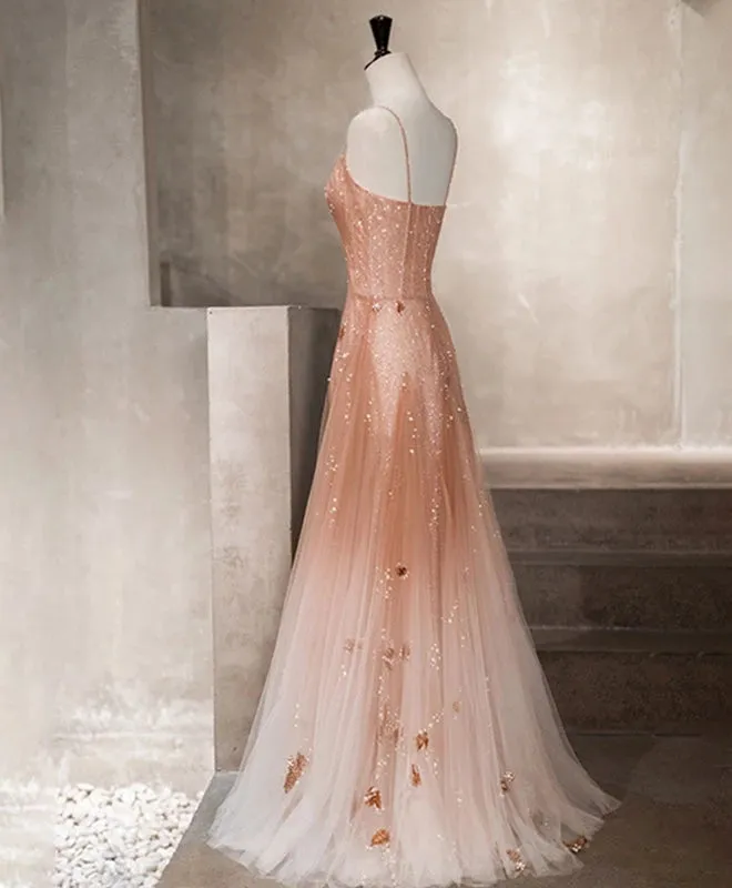 Charming Pink Tulle Straps Long Beaded Evening Gown, Straps Long Party Dress