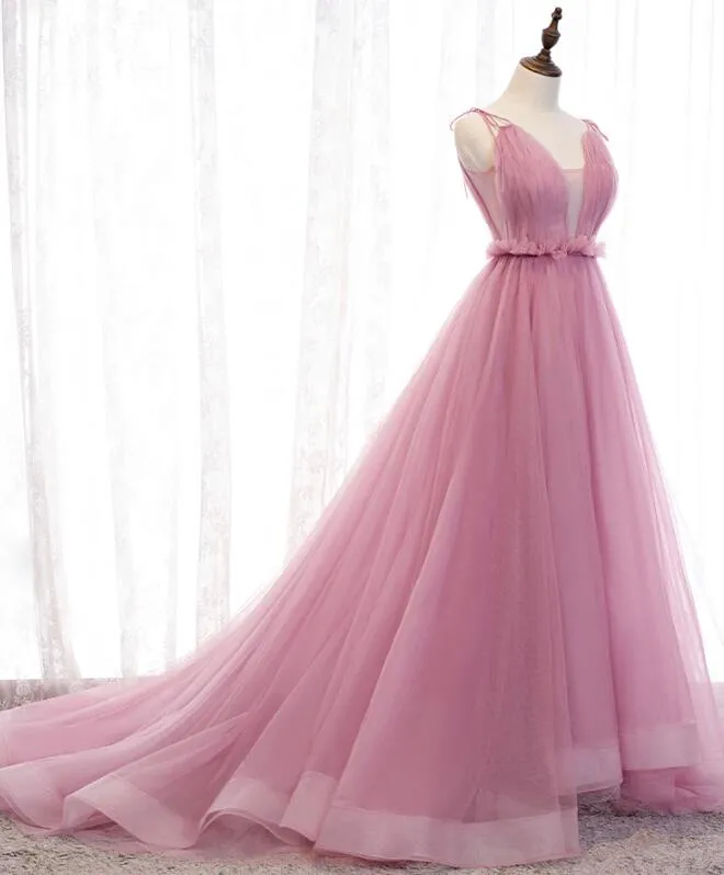 Charming Pink V-neckline Straps Tulle Long Evening Dress, Pink Prom Dress