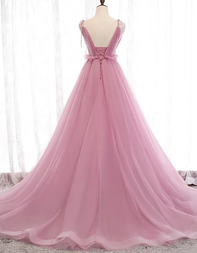 Charming Pink V-neckline Straps Tulle Long Evening Dress, Pink Prom Dress