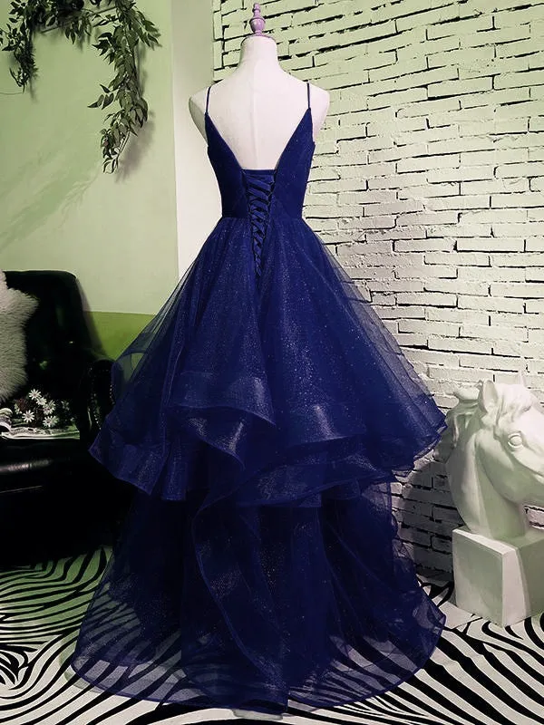 Charming Spaghetti Strps Navy Blue Prom Dress 2021, Tulle Layers Long Evening Gown