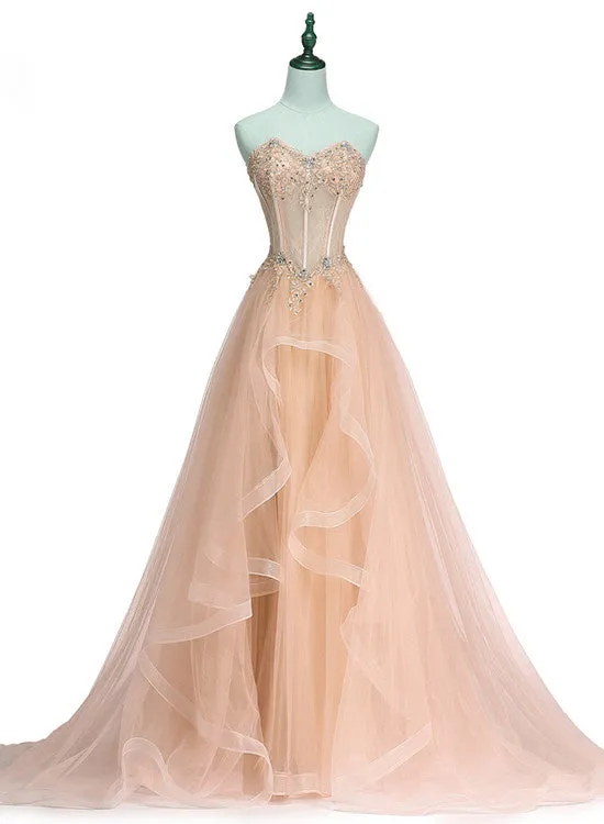 Charming Sweetheart Tulle A-line Lace Applique Party Dress, Beautiful Formal Gown