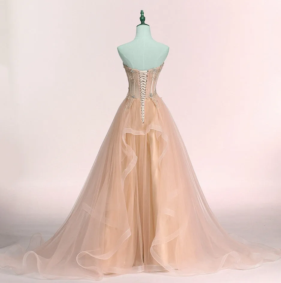 Charming Sweetheart Tulle A-line Lace Applique Party Dress, Beautiful Formal Gown