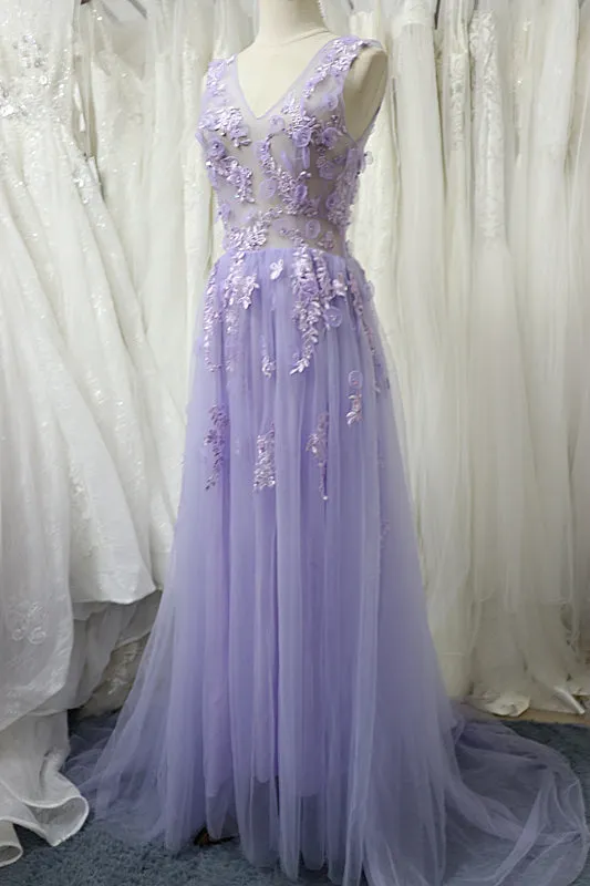 Charming Tulle Floral Light Purple Long Party Dress, A-line Prom Dress