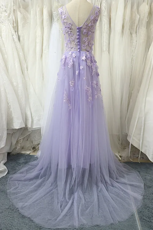 Charming Tulle Floral Light Purple Long Party Dress, A-line Prom Dress
