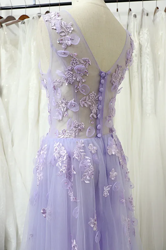 Charming Tulle Floral Light Purple Long Party Dress, A-line Prom Dress