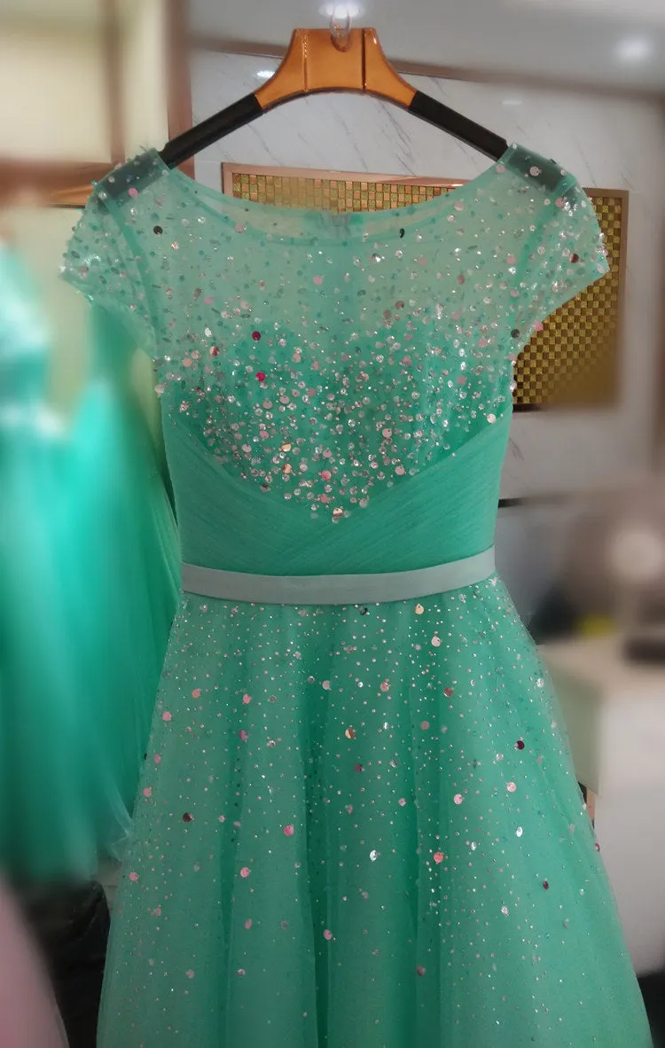 Charming Tulle Long Party Dress , Beaded A-line Formal Gown