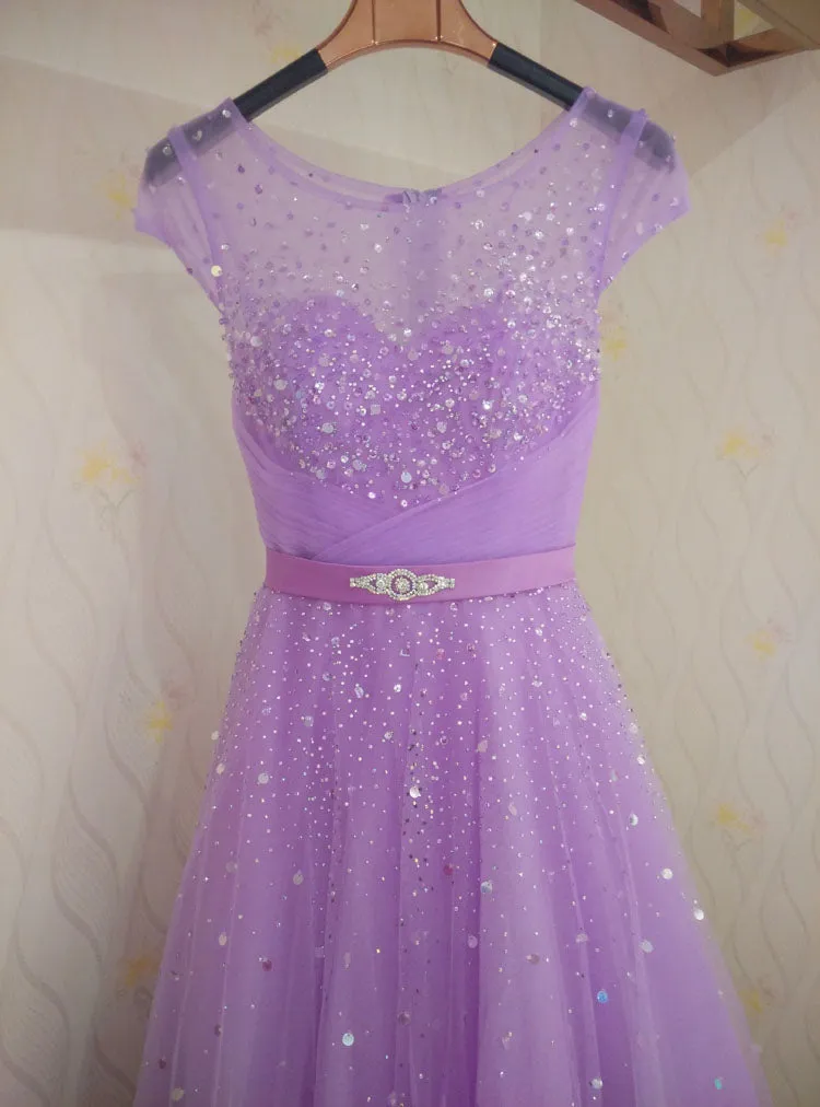 Charming Tulle Long Party Dress , Beaded A-line Formal Gown